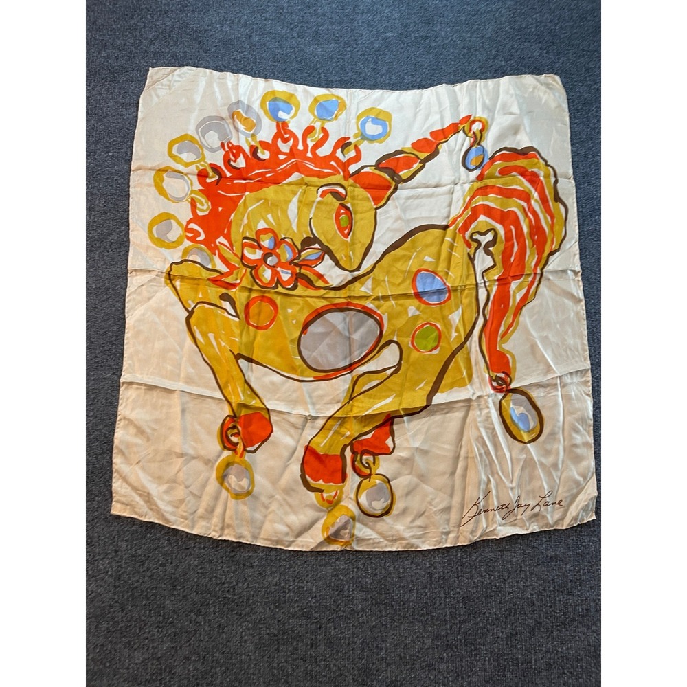 Kenneth Jay Lane Vintage Silk Scarf Abstract Horse Unicorn Hand Rolled 30x30